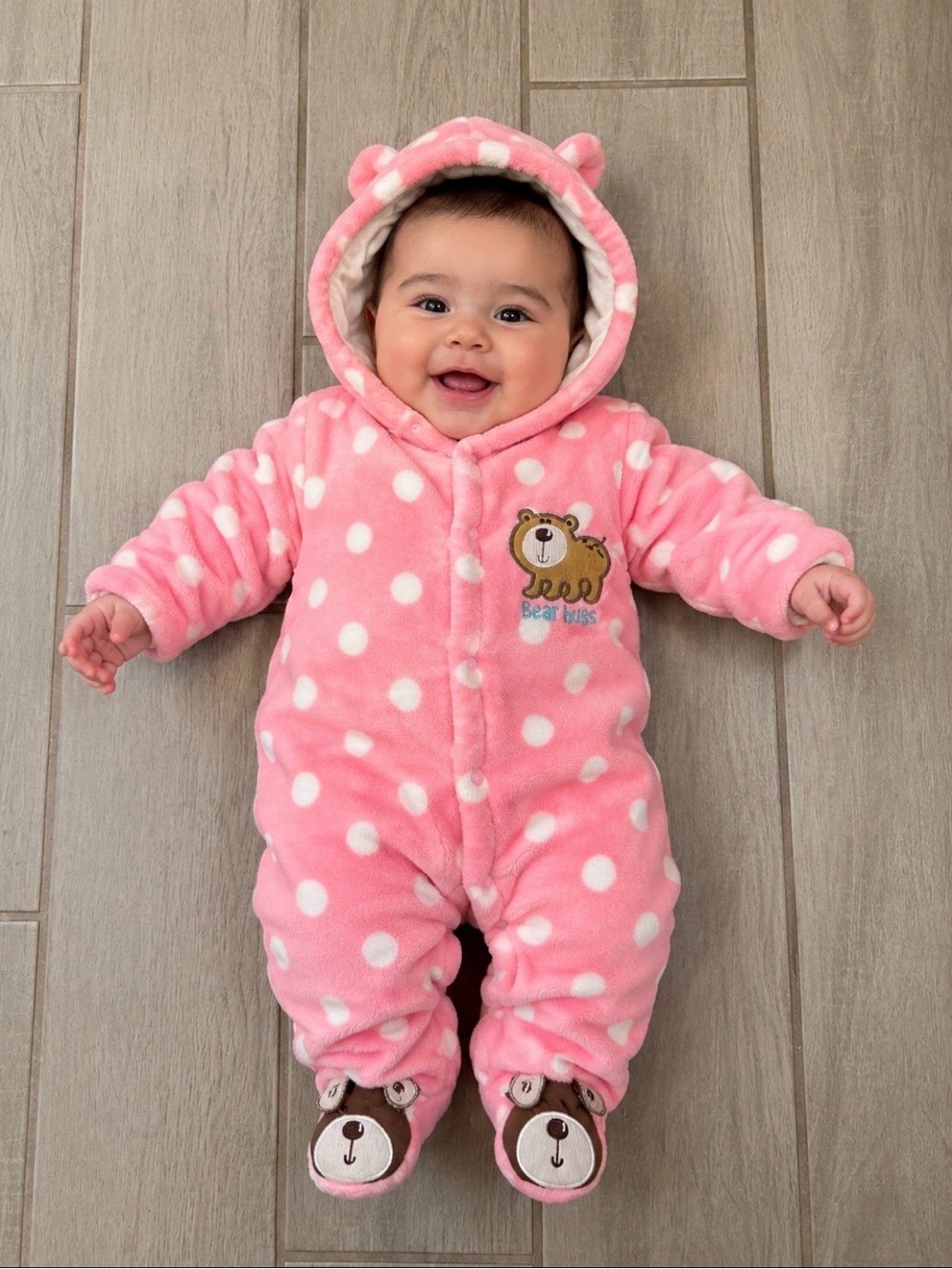 Plush Pink Polka Dot Baby One-Piece with Hood